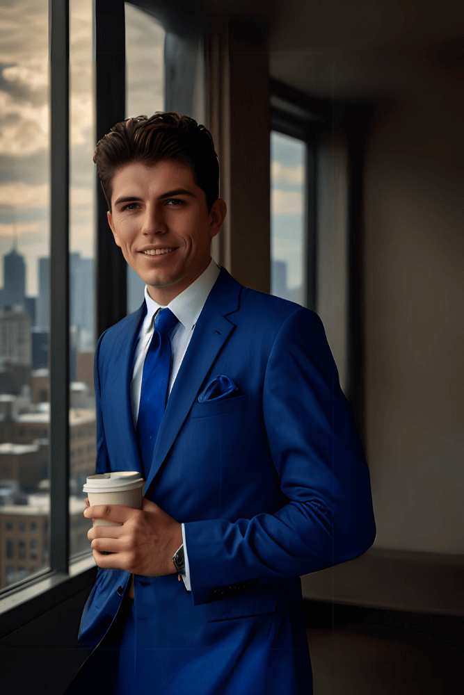 A man in a blue suit stands confidently, holding a coffee cup in his right hand, exuding professionalism and poise.