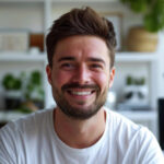 A smiling man with a beard is wearing a white shirt, exuding a warm and friendly demeanor