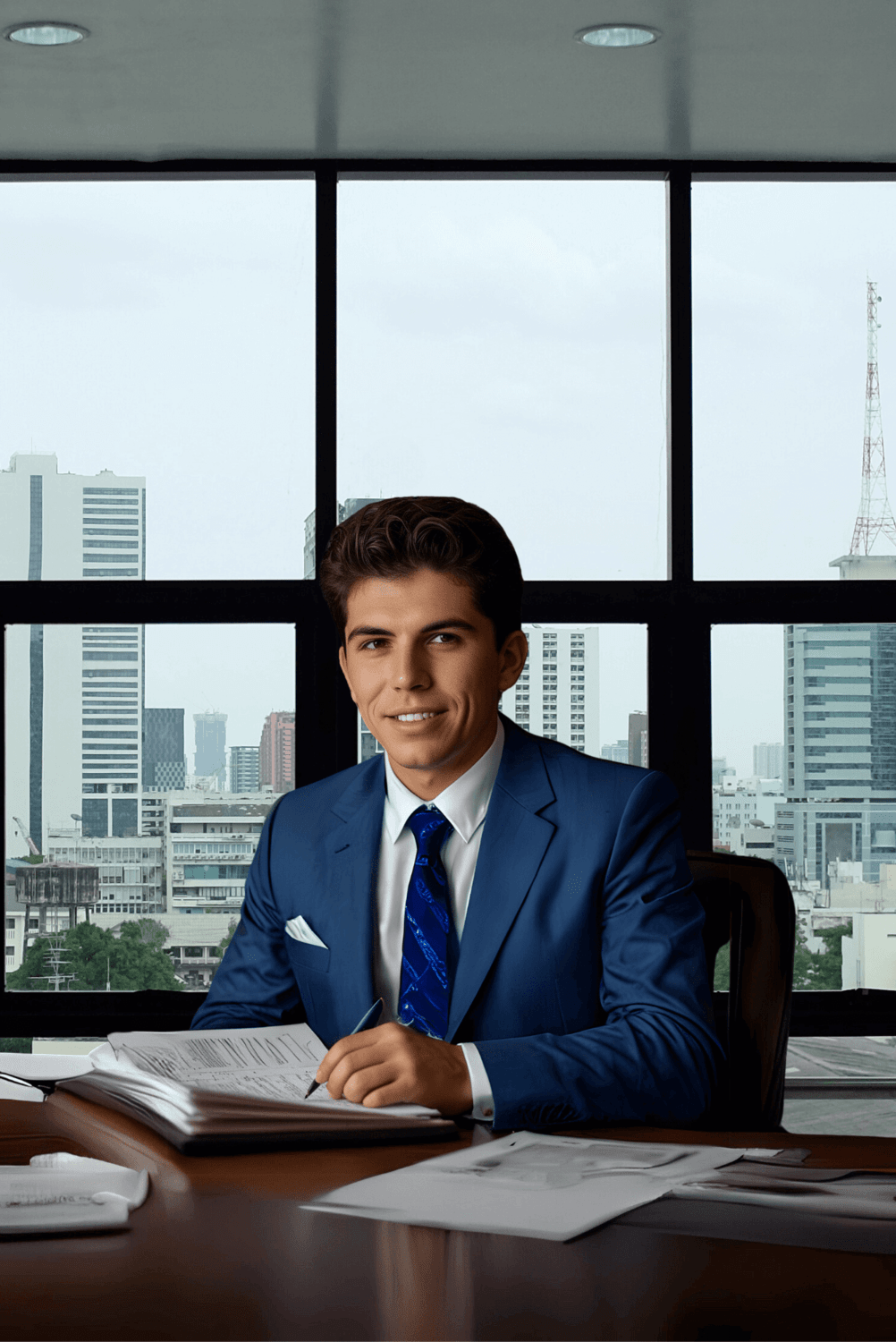 A man in a suit is seated at a desk, focused on his work in a professional office environment.