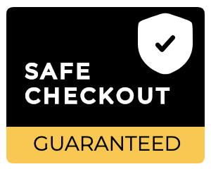 Safe Checkout Guaranteed badge with a shield and checkmark icon, white text, and a yellow 'Guaranteed' banner.