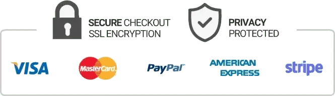 Secure Checkout badge with SSL encryption, privacy protected shield, and payment logos for Visa, MasterCard, PayPal, American Express, and Stripe.